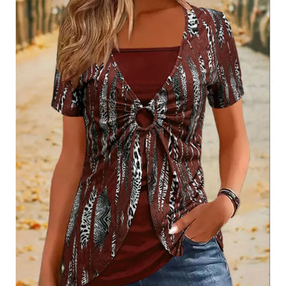👚 50% OFF NOW!🔥 Leopard Print Top – Retro Square Neck & Mock 2-Piece – Short Sleeve Slim Fit – Breathable Summer Blouse 👗