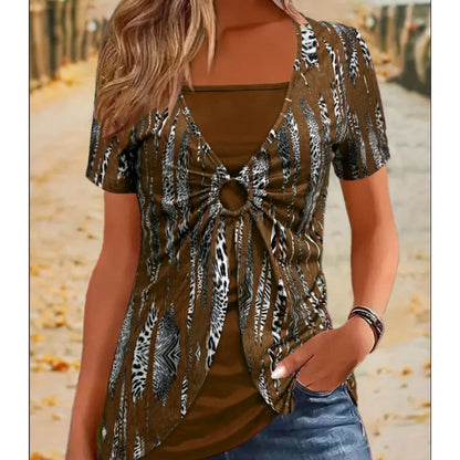 👚 50% OFF NOW!🔥 Leopard Print Top – Retro Square Neck & Mock 2-Piece – Short Sleeve Slim Fit – Breathable Summer Blouse 👗