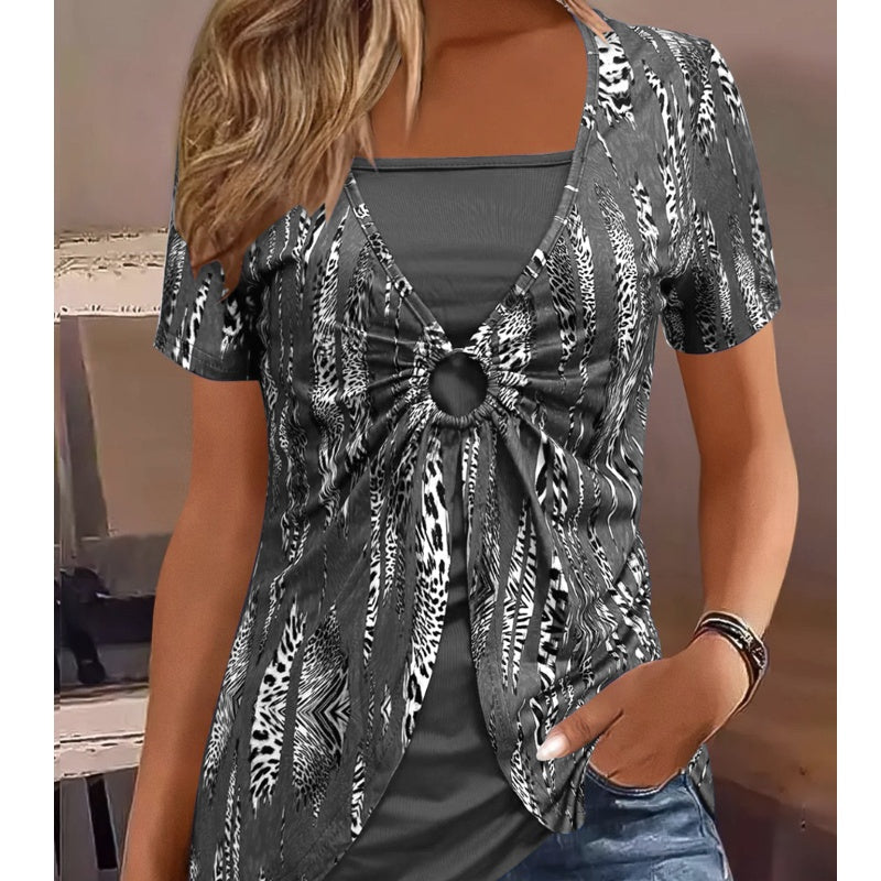 👚 50% OFF NOW!🔥 Leopard Print Top – Retro Square Neck & Mock 2-Piece – Short Sleeve Slim Fit – Breathable Summer Blouse 👗