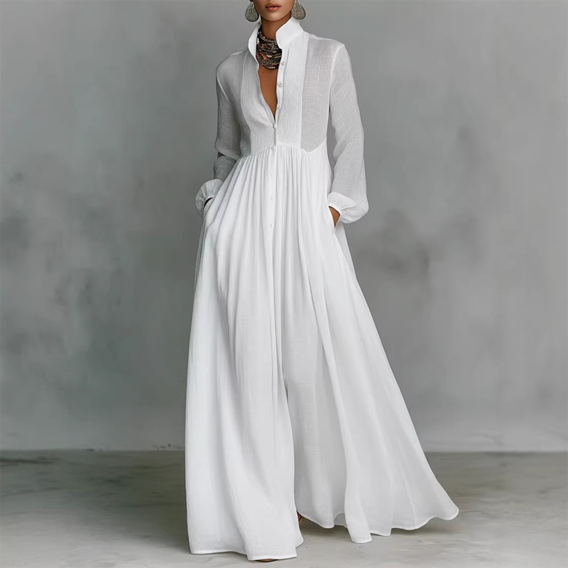 👗 LIMITED-TIME 50% OFF! ✨ Elegant Pleated Maxi Dress – High Neck, Cinched Waist, Pockets ✨