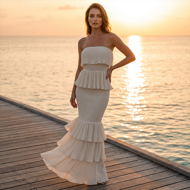 ⏳Time-Limited 50% Off & Free Shipping⏰Women’s Strapless Tiered Ruffle Smocked Dress