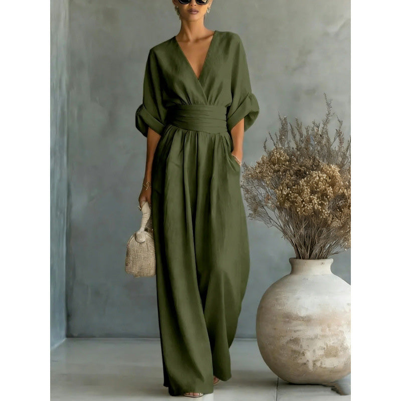📢📢50% Off💟Women's V-Neck High Waist Wide Leg Jumpsuit