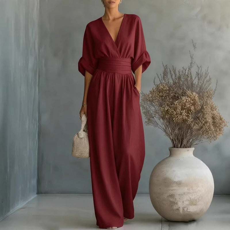📢📢50% Off💟Women's V-Neck High Waist Wide Leg Jumpsuit