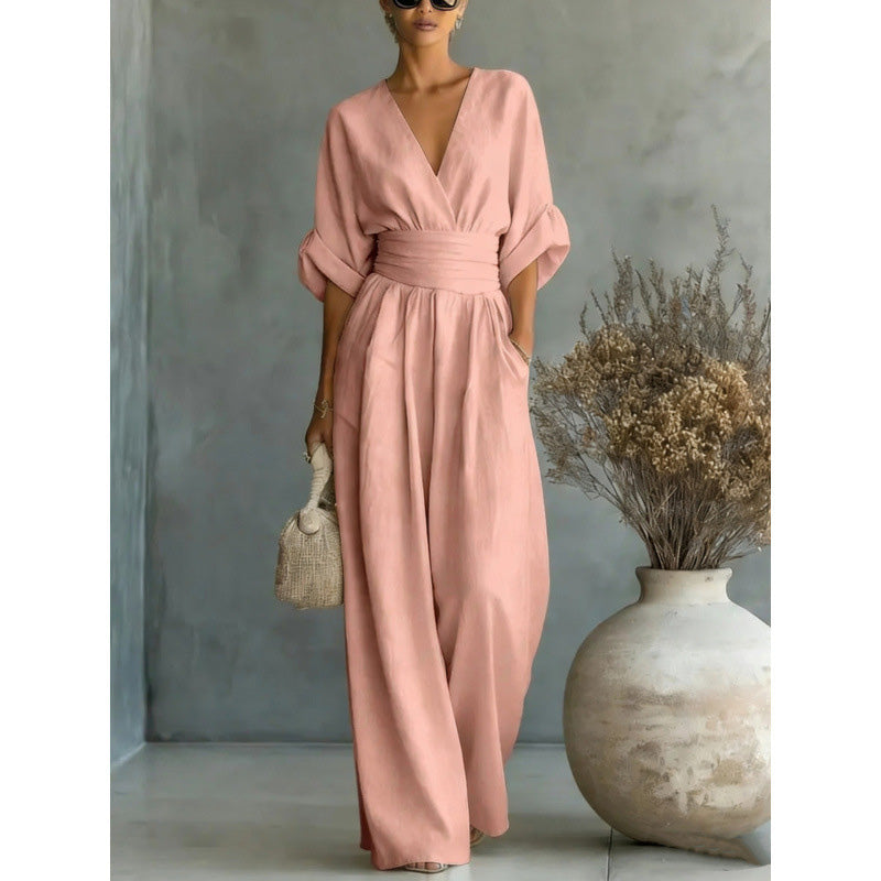 📢📢50% Off💟Women's V-Neck High Waist Wide Leg Jumpsuit