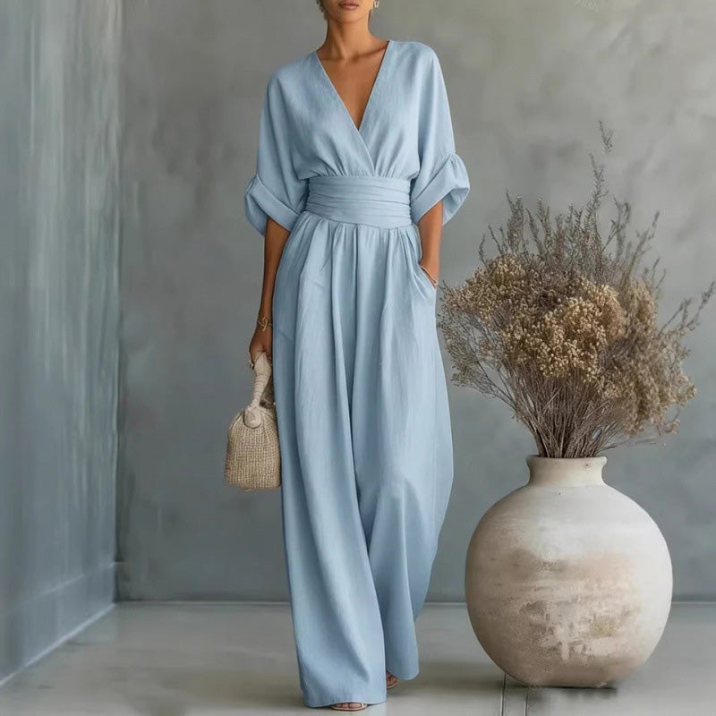 📢📢50% Off💟Women's V-Neck High Waist Wide Leg Jumpsuit