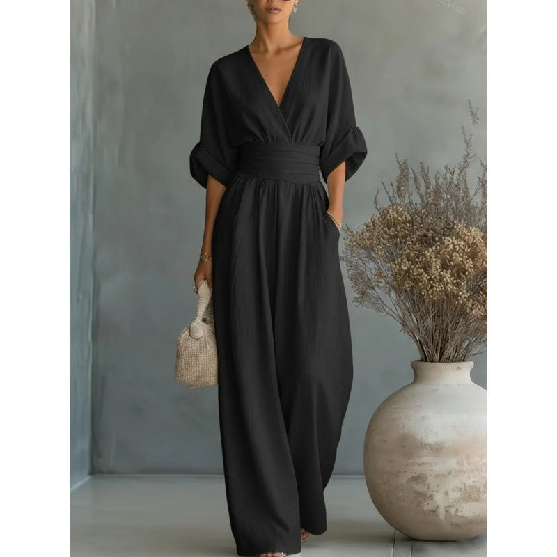 📢📢50% Off💟Women's V-Neck High Waist Wide Leg Jumpsuit