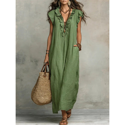 🥳SUMMER HOT SALE🥳💞50K+ SOLD!💥30% OFF! 👗Women's Casual Sleeveless V-Neck Ruffle Dress
