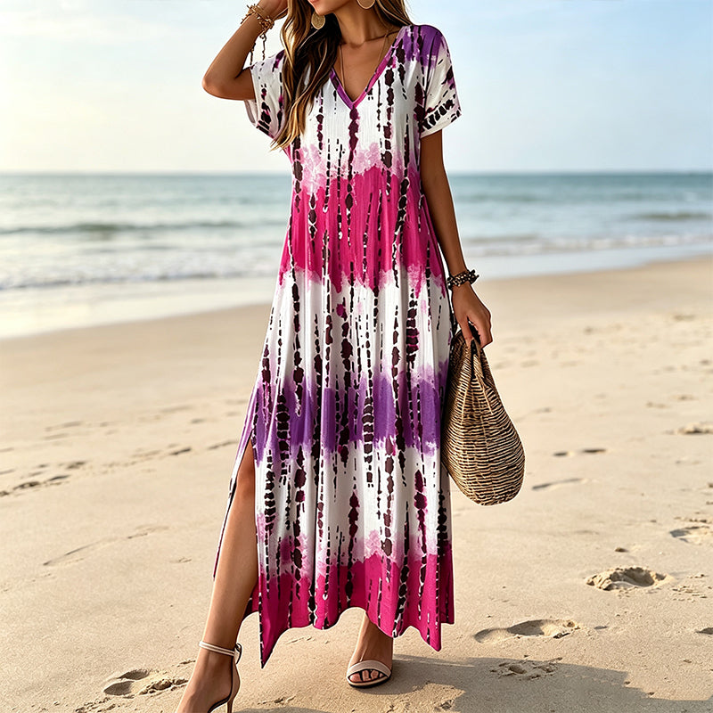 🎉 LIMITED TIME 50% OFF! 👗 Women’s Tie Dye V Neck Maxi Dress – Summer Vacation Outfit 🌈