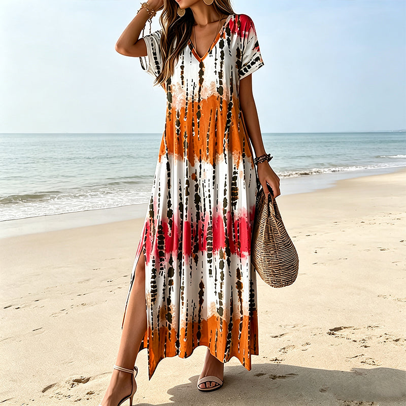 🎉 LIMITED TIME 50% OFF! 👗 Women’s Tie Dye V Neck Maxi Dress – Summer Vacation Outfit 🌈