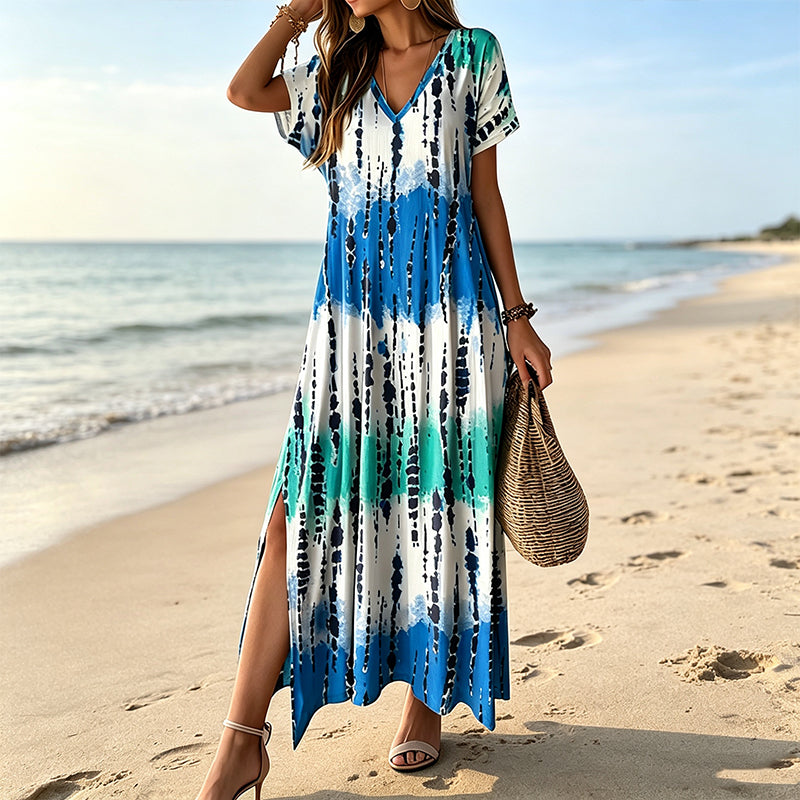 🎉 LIMITED TIME 50% OFF! 👗 Women’s Tie Dye V Neck Maxi Dress – Summer Vacation Outfit 🌈