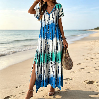 🎉 LIMITED TIME 50% OFF! 👗 Women’s Tie Dye V Neck Maxi Dress – Summer Vacation Outfit 🌈