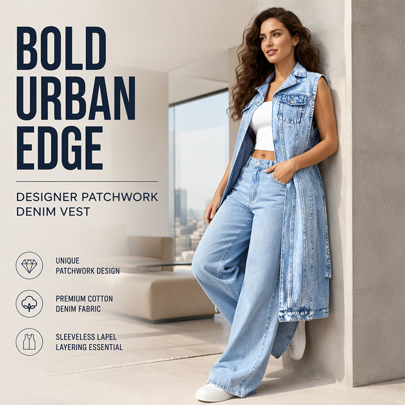 🎉30% OFF! 🧥Women Sleeveless High Slit Denim Vest Dress – Patchwork Longline Jean Waistcoat ✨
