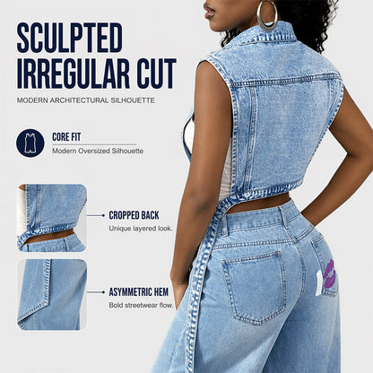 🎉30% OFF! 🧥Women Sleeveless High Slit Denim Vest Dress – Patchwork Longline Jean Waistcoat ✨