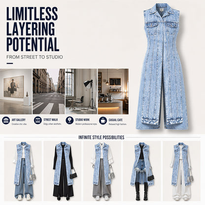 🎉30% OFF! 🧥Women Sleeveless High Slit Denim Vest Dress – Patchwork Longline Jean Waistcoat ✨