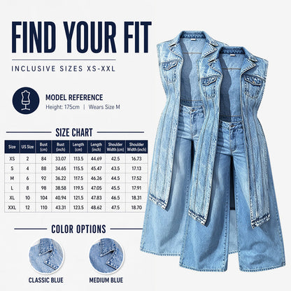 🎉30% OFF! 🧥Women Sleeveless High Slit Denim Vest Dress – Patchwork Longline Jean Waistcoat ✨