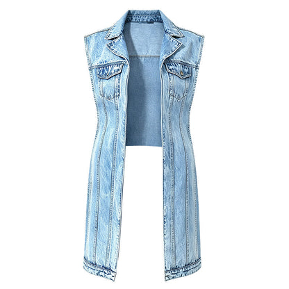 🎉30% OFF! 🧥Women Sleeveless High Slit Denim Vest Dress – Patchwork Longline Jean Waistcoat ✨
