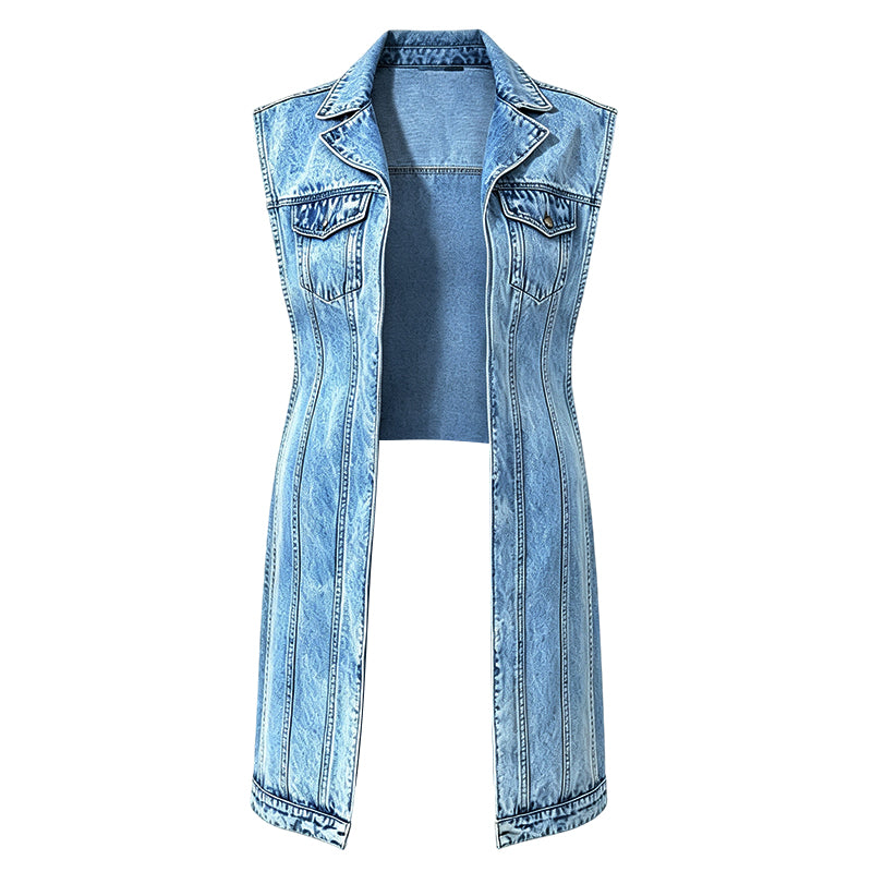 🎉30% OFF! 🧥Women Sleeveless High Slit Denim Vest Dress – Patchwork Longline Jean Waistcoat ✨