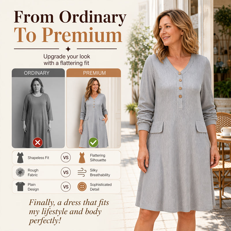 A Lovely V-Neck Ribbed Knit Dress with a Flattering A-Line Shape and Just the Right Touch of Elegance