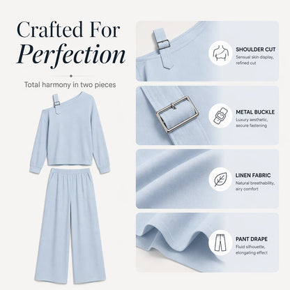 📢📢LIMITED-TIME 50% OFF!! 🔥Bestseller🔥 Off-shoulder Wide-leg Two-piece Set, Made Of Soft Blended Fabric, Creating An Elegant Dilhouette.