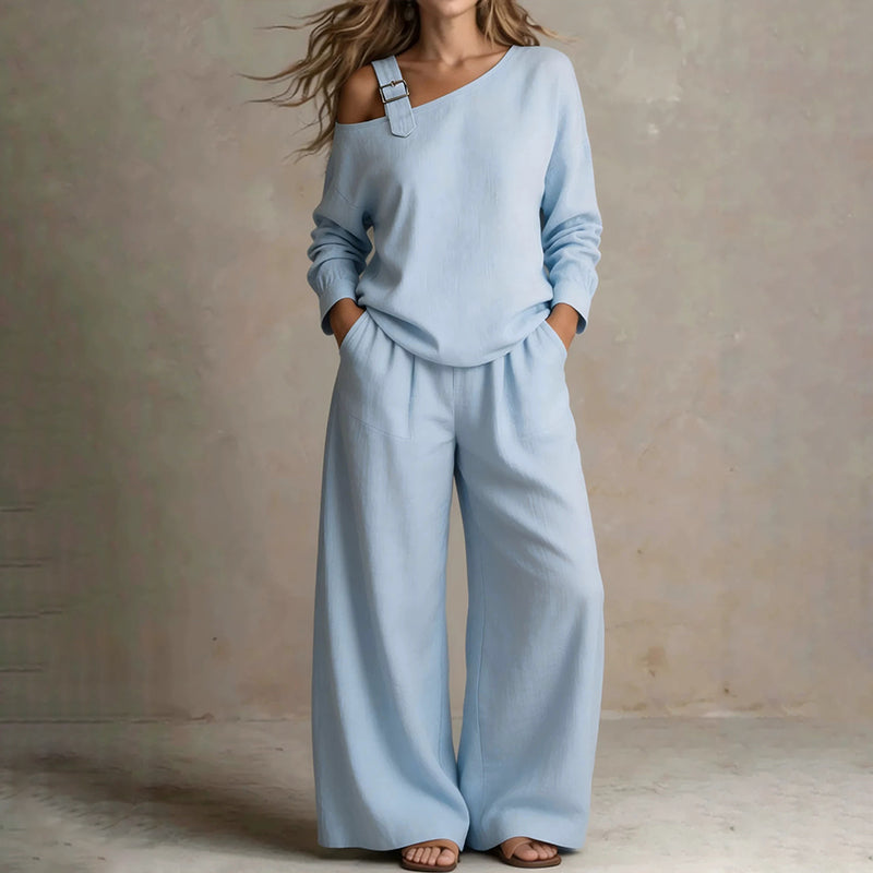📢📢LIMITED-TIME 50% OFF!! 🔥Bestseller🔥 Off-shoulder Wide-leg Two-piece Set, Made Of Soft Blended Fabric, Creating An Elegant Dilhouette.