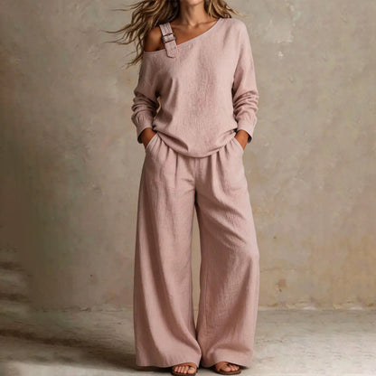 📢📢LIMITED-TIME 50% OFF!! 🔥Bestseller🔥 Off-shoulder Wide-leg Two-piece Set, Made Of Soft Blended Fabric, Creating An Elegant Dilhouette.