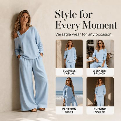📢📢LIMITED-TIME 50% OFF!! 🔥Bestseller🔥 Off-shoulder Wide-leg Two-piece Set, Made Of Soft Blended Fabric, Creating An Elegant Dilhouette.