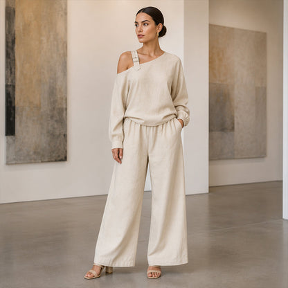 📢📢LIMITED-TIME 50% OFF!! 🔥Bestseller🔥 Off-shoulder Wide-leg Two-piece Set, Made Of Soft Blended Fabric, Creating An Elegant Dilhouette.