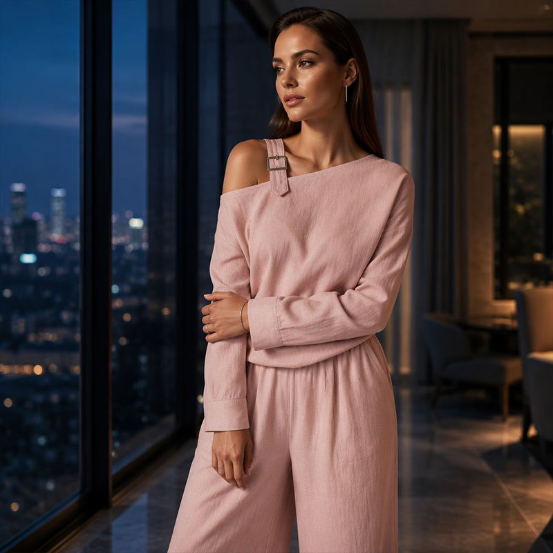 📢📢LIMITED-TIME 50% OFF!! 🔥Bestseller🔥 Off-shoulder Wide-leg Two-piece Set, Made Of Soft Blended Fabric, Creating An Elegant Dilhouette.