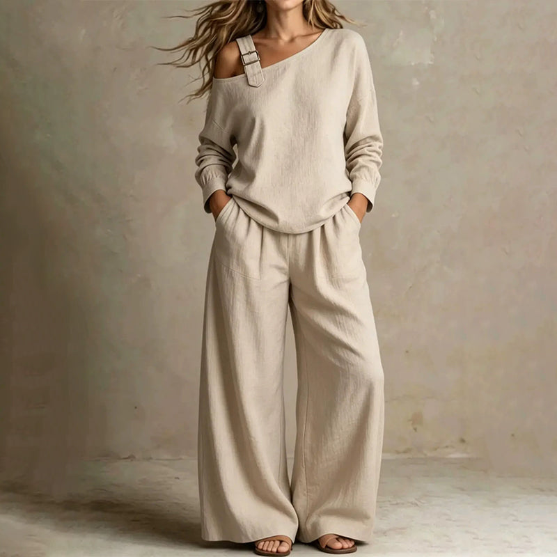 📢📢LIMITED-TIME 50% OFF!! 🔥Bestseller🔥 Off-shoulder Wide-leg Two-piece Set, Made Of Soft Blended Fabric, Creating An Elegant Dilhouette.