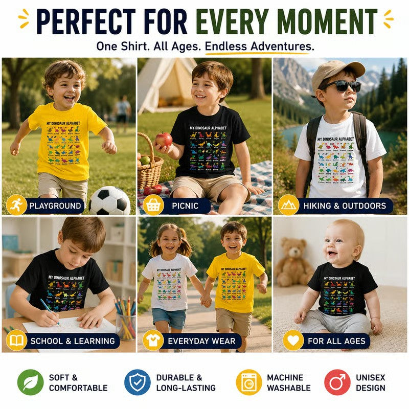 🔥🎁 New Arrival: Half-Price Offer 🔥 Children's T-shirt with Dinosaur and Letter PrintsKids Dinosaur Alphabet Graphic T-Shirt