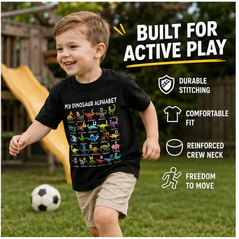 🔥🎁 New Arrival: Half-Price Offer 🔥 Children's T-shirt with Dinosaur and Letter PrintsKids Dinosaur Alphabet Graphic T-Shirt