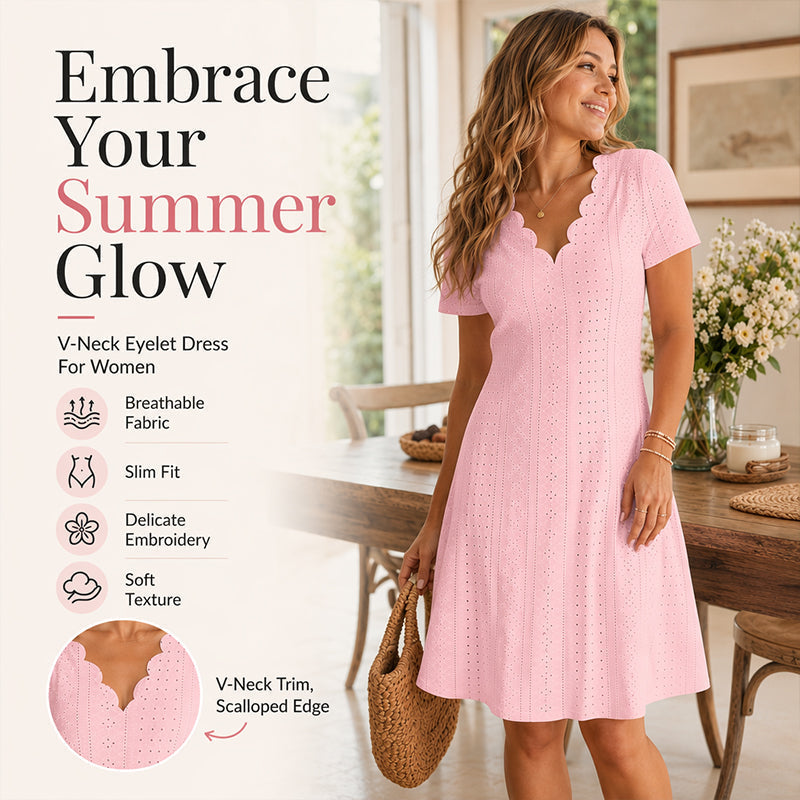 👗Top Pick - V-Neck Eyelet Dress with Scallop Trim – Lightweight & Romantic for Garden Parties or Brunch 🌿