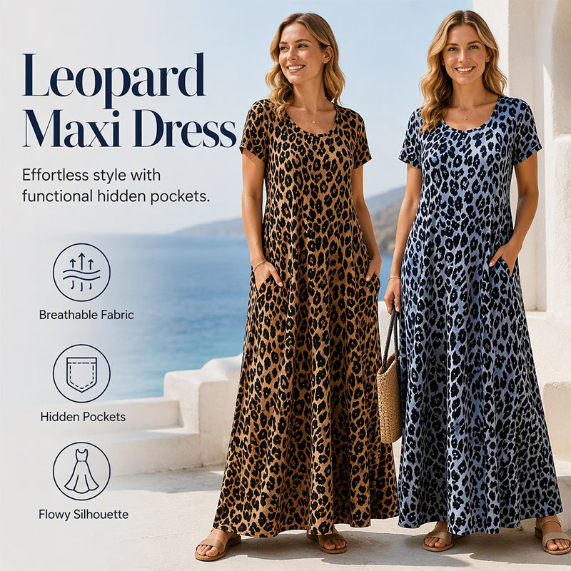 🎁2026 New Arrivals 50% OFF💥Women's Leopard Print Maxi Dress with Pockets Casual Short Sleeve Long Dress