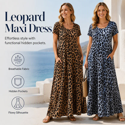 🎁2026 New Arrivals 50% OFF💥Women's Leopard Print Maxi Dress with Pockets Casual Short Sleeve Long Dress