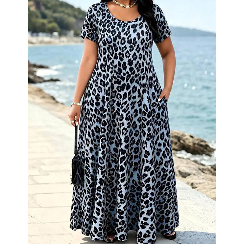 🎁2026 New Arrivals 50% OFF💥Women's Leopard Print Maxi Dress with Pockets Casual Short Sleeve Long Dress