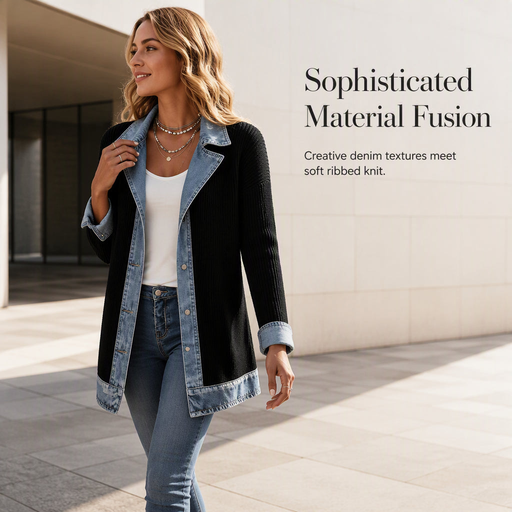 🌸LAST DAY SPECIAL PRICE!!🌸Women’s Elegant Denim Spliced Ribbed Knit Coat