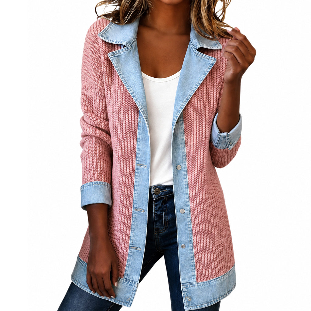 🌸LAST DAY SPECIAL PRICE!!🌸Women’s Elegant Denim Spliced Ribbed Knit Coat