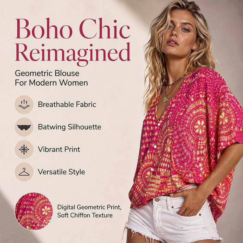 📢📢 Last Day Special Price ⭐Trending Now👚 Boho Print Batwing Sleeve Top – Flowing V-Neck & Effortless Bohemian Style