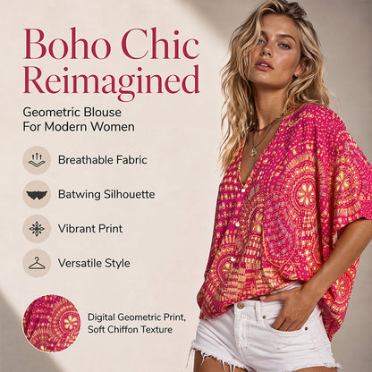 📢📢 Last Day Special Price ⭐Trending Now👚 Boho Print Batwing Sleeve Top – Flowing V-Neck & Effortless Bohemian Style