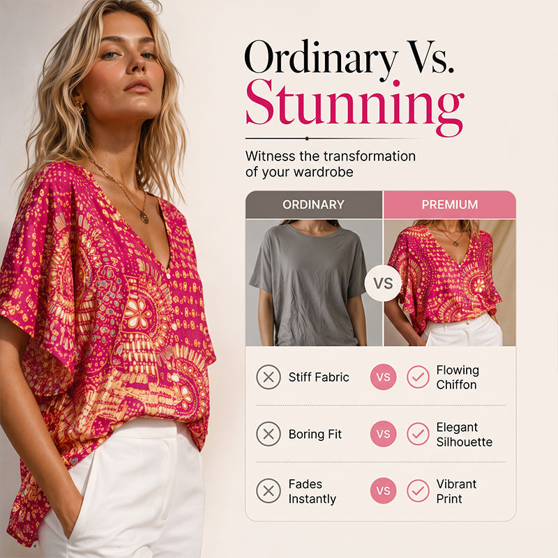 📢📢 Last Day Special Price $19.99! ⭐Trending Now👚 Boho Print Batwing Sleeve Top – Flowing V-Neck & Effortless Bohemian Style