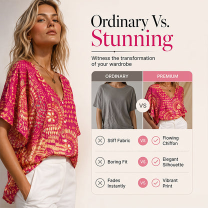 📢📢 Last Day Special Price $19.99! ⭐Trending Now👚 Boho Print Batwing Sleeve Top – Flowing V-Neck & Effortless Bohemian Style