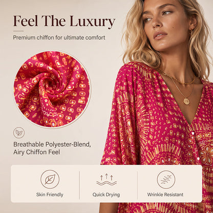 📢📢 Last Day Special Price $19.99! ⭐Trending Now👚 Boho Print Batwing Sleeve Top – Flowing V-Neck & Effortless Bohemian Style