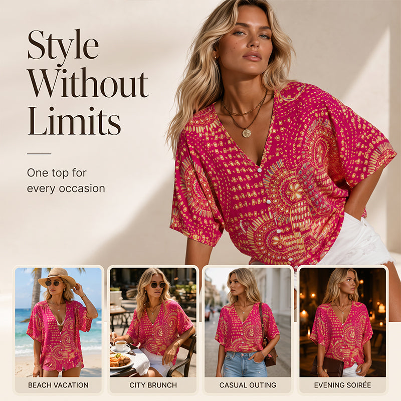 📢📢 Last Day Special Price ⭐Trending Now👚 Boho Print Batwing Sleeve Top – Flowing V-Neck & Effortless Bohemian Style