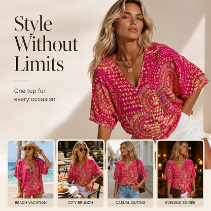📢📢 Last Day Special Price $19.99! ⭐Trending Now👚 Boho Print Batwing Sleeve Top – Flowing V-Neck & Effortless Bohemian Style