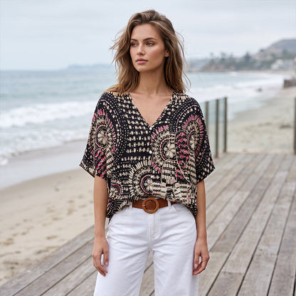 📢📢 Last Day Special Price $19.99! ⭐Trending Now👚 Boho Print Batwing Sleeve Top – Flowing V-Neck & Effortless Bohemian Style