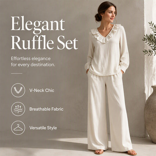 🌸Hot Sale 50% OFF💖Women's Resort Style V-Neck 2-Piece Outfit Loose Long Sleeve Top Wide Leg Pants Set
