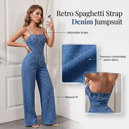 🥳2026 HOT SALE FREE SHIPPING🥳💞 Women Spaghetti Strap Wide Leg Denim Jumpsuit