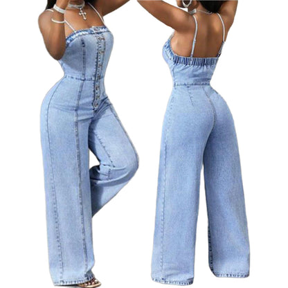 🥳2026 HOT SALE FREE SHIPPING🥳💞 Women Spaghetti Strap Wide Leg Denim Jumpsuit