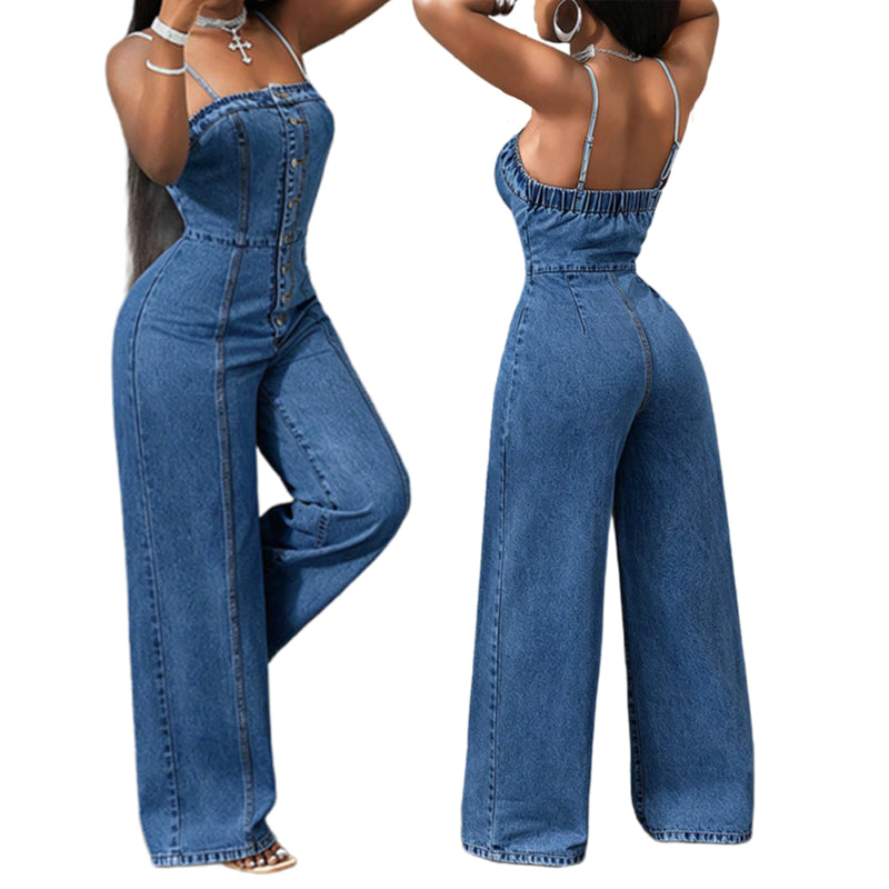🥳2026 HOT SALE FREE SHIPPING🥳💞 Women Spaghetti Strap Wide Leg Denim Jumpsuit
