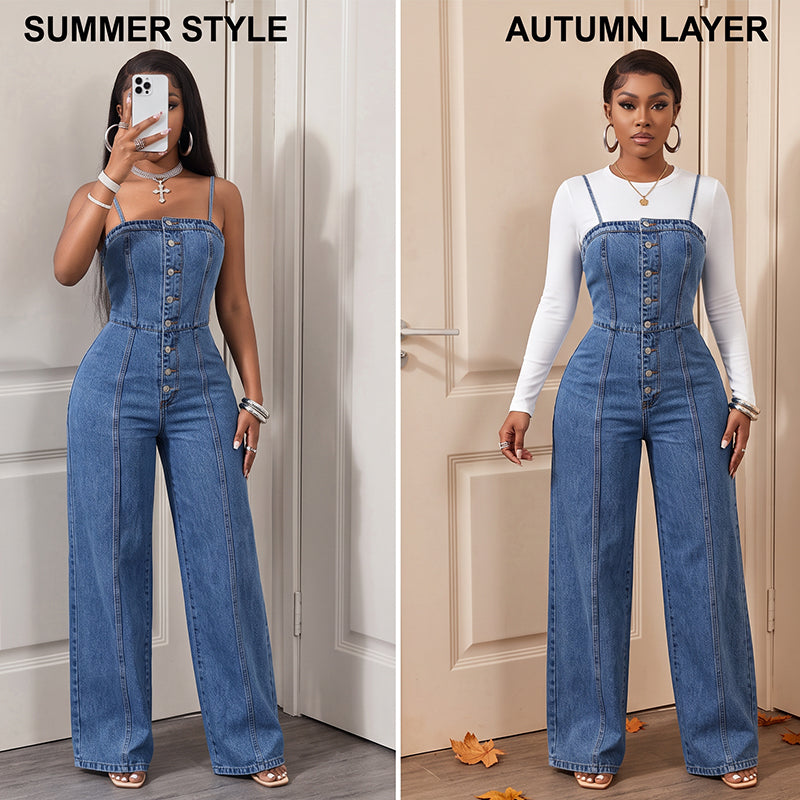 🥳2026 HOT SALE FREE SHIPPING🥳💞 Women Spaghetti Strap Wide Leg Denim Jumpsuit